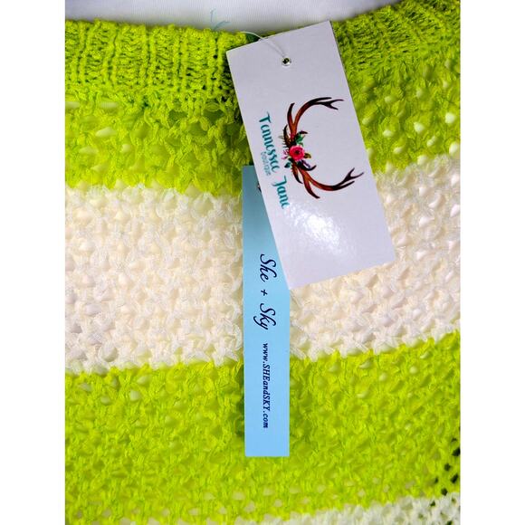 She & Sky Sz2 Oversized open weave sweater neon lime+white NWTbust 60"length 21" - Picture 6 of 10